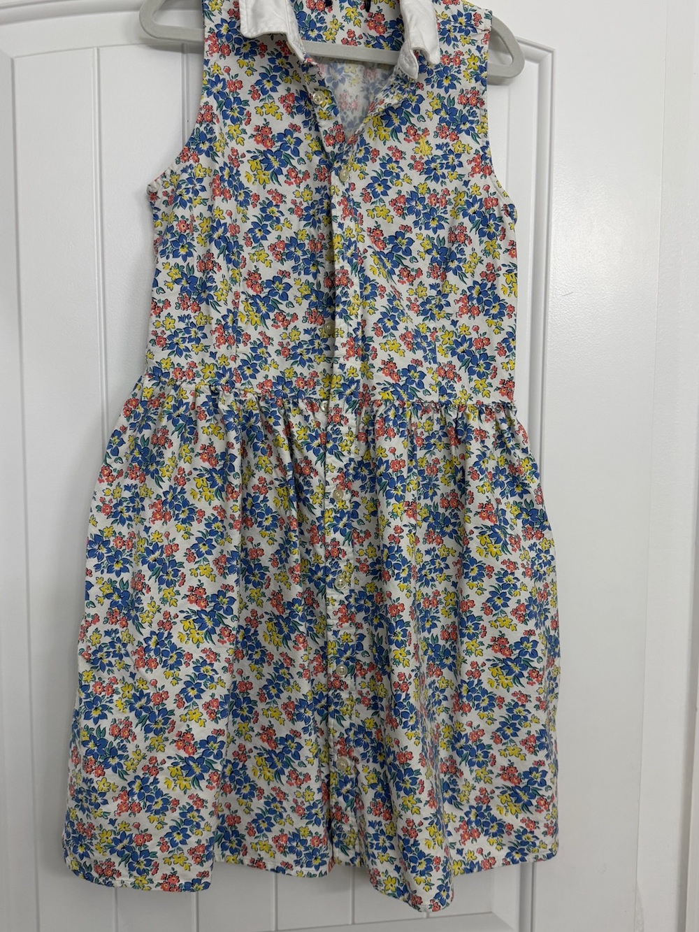 Girls White Floral Button-Front Dress with Blue and Yellow Flowers